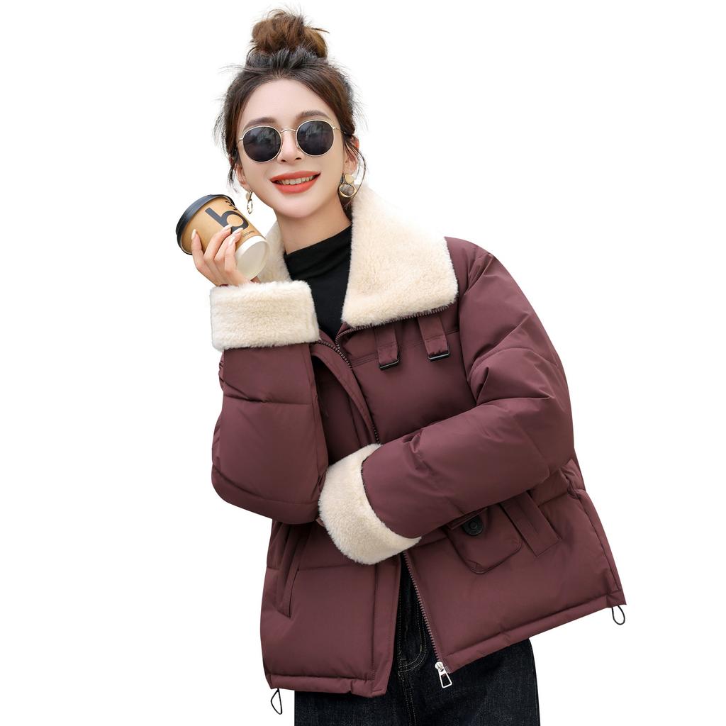 New Winter Cotton Jacket Loose Versatile Short Warm Cotton Jacket Fashionable Simple Women's Jacket Lamb Fur Collar