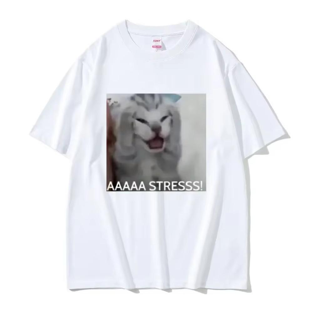 Cute Funny Stressed Cat Meme Tshirt Summer Men Womens Casual Loose Oversized Tshirts Womens Short Gothic Vintage S
