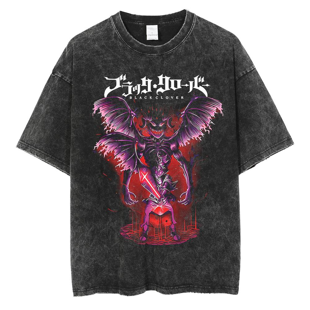 Hot Anime Black Clover Asta Logo Graphic Washed T Shirt Men Vintage Cotton Tshirts Manga Oversized Streetwear Harajuku Male Tops