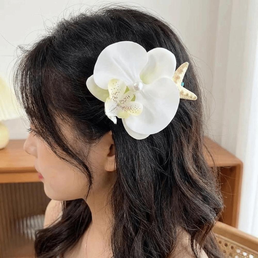 Trendy Orchid Flower Hairpin Vintage Resin Starfish Hair Clip Pearl Hair Clip Seaside Wear