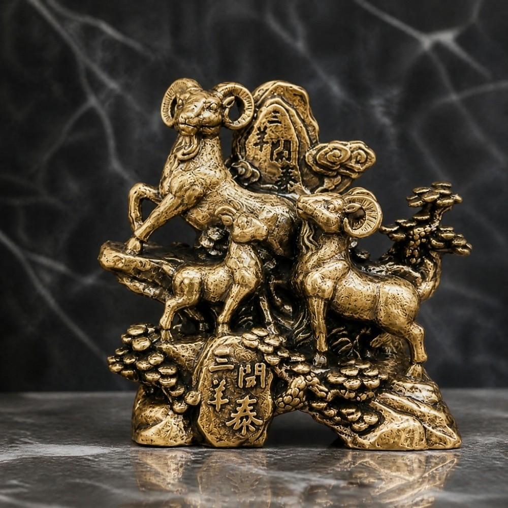 San Yang Kai Tai Zodiac Sheep Figurine Metal Vintage Statue Gift Lucky Ornament Year of The Sheep