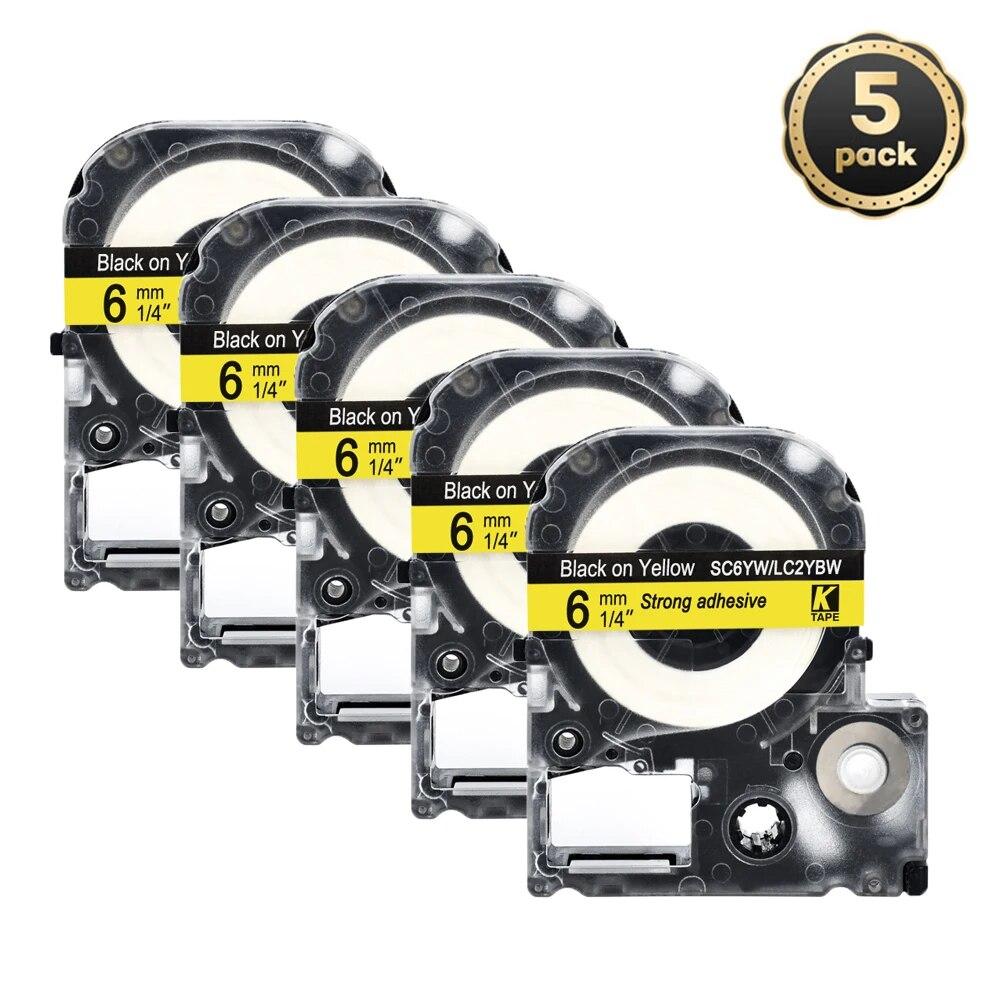 5 Packungen 6 mm mehrfarbige Etiketten, kompatibles Epson-Etikettenband SS6KW LC-2WBN9 SC6YW SC6BW SC6RW für Kingjim Epson-Drucker LW300 LW400