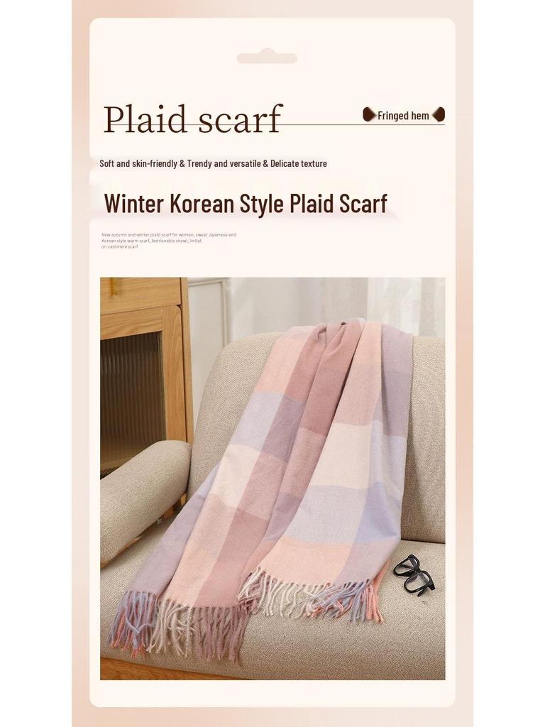2025 Autumn/Winter Plaid Scarf for Women - Sweet Japanese & Korean Style, Warm Neck Warmer, Fashionable Imitation Cashmere Shawl