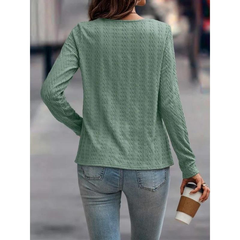 4 Solid Color Jacquard Long Sleeved Autumn Round Neck Button T-shirt Simple Versatile Daily Street Women's Top