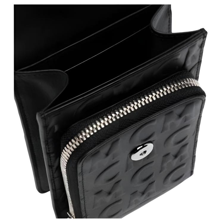 MCM Black Debossed Logo Leather Phone Crossbody Bag with Webbing Strap for Daily Use