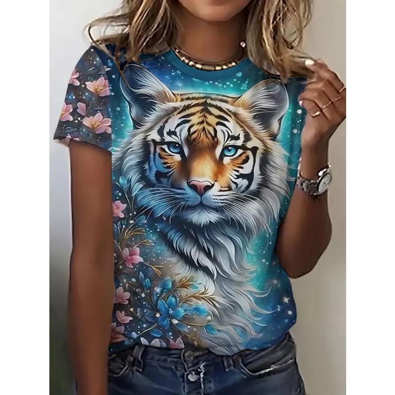 Crew Neck T-Shirt Fashion Women's Animal Short Sleeve 3D Animal Color Printing Crew Neck Short Sleeve