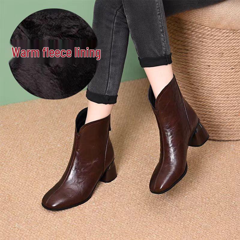 2025 British-Style Women's Chunky Heel Soft Leather Ankle Boots - Comfortable, Warm, Square Toe for Autumn/Winter