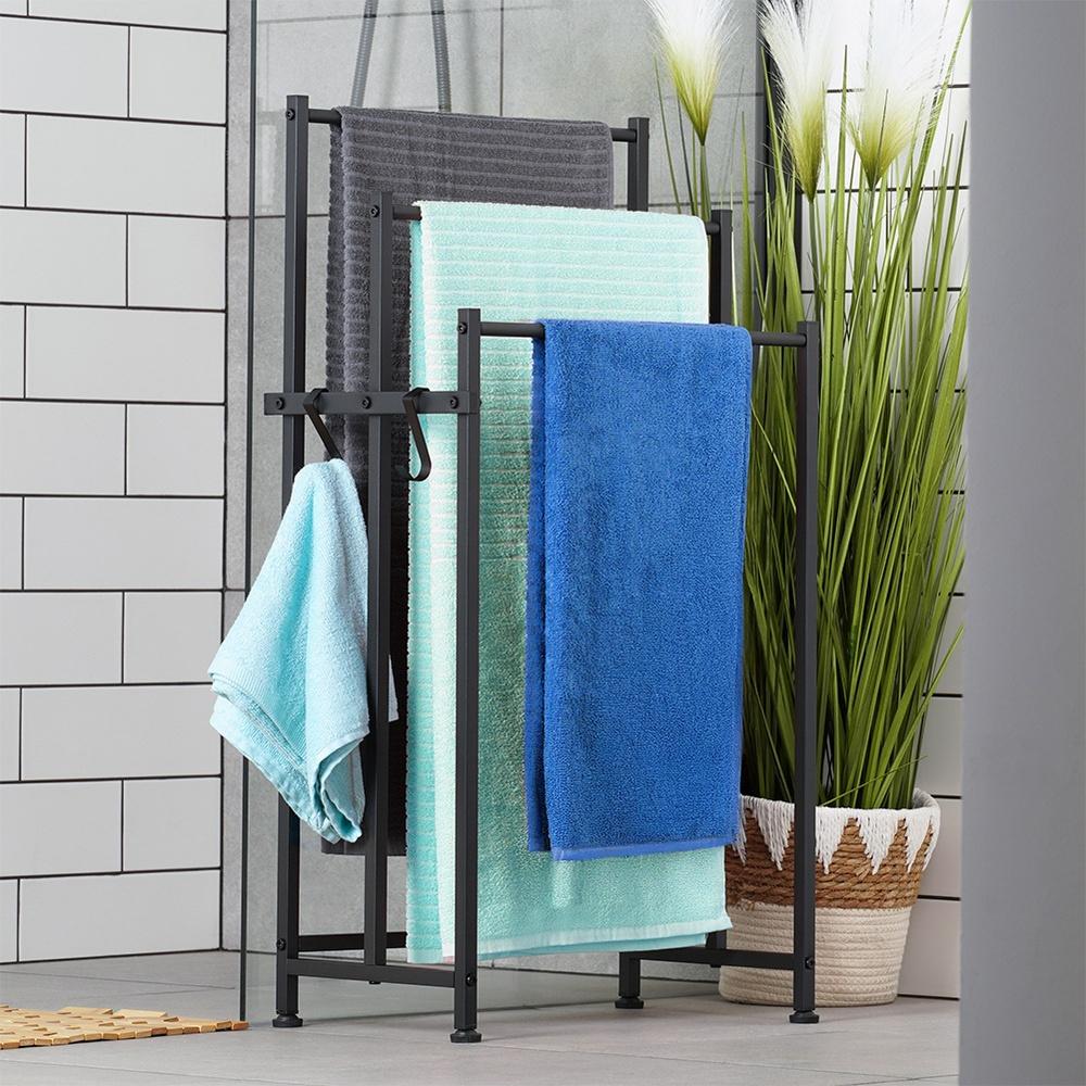 3-Tier Black Metal Standing Towel Rack with Hooks 84cm