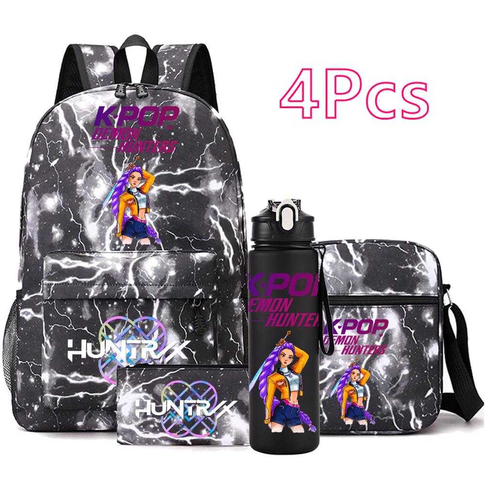 4-teiliges/Set Anime Niedlich K-Pop Bedruckter Rucksack mit 750 ml Wasserflasche für Teenager Schüler Mädchen Junge Schultasche Kindergeschenk Große Kapazität Reisetasche Mochila
