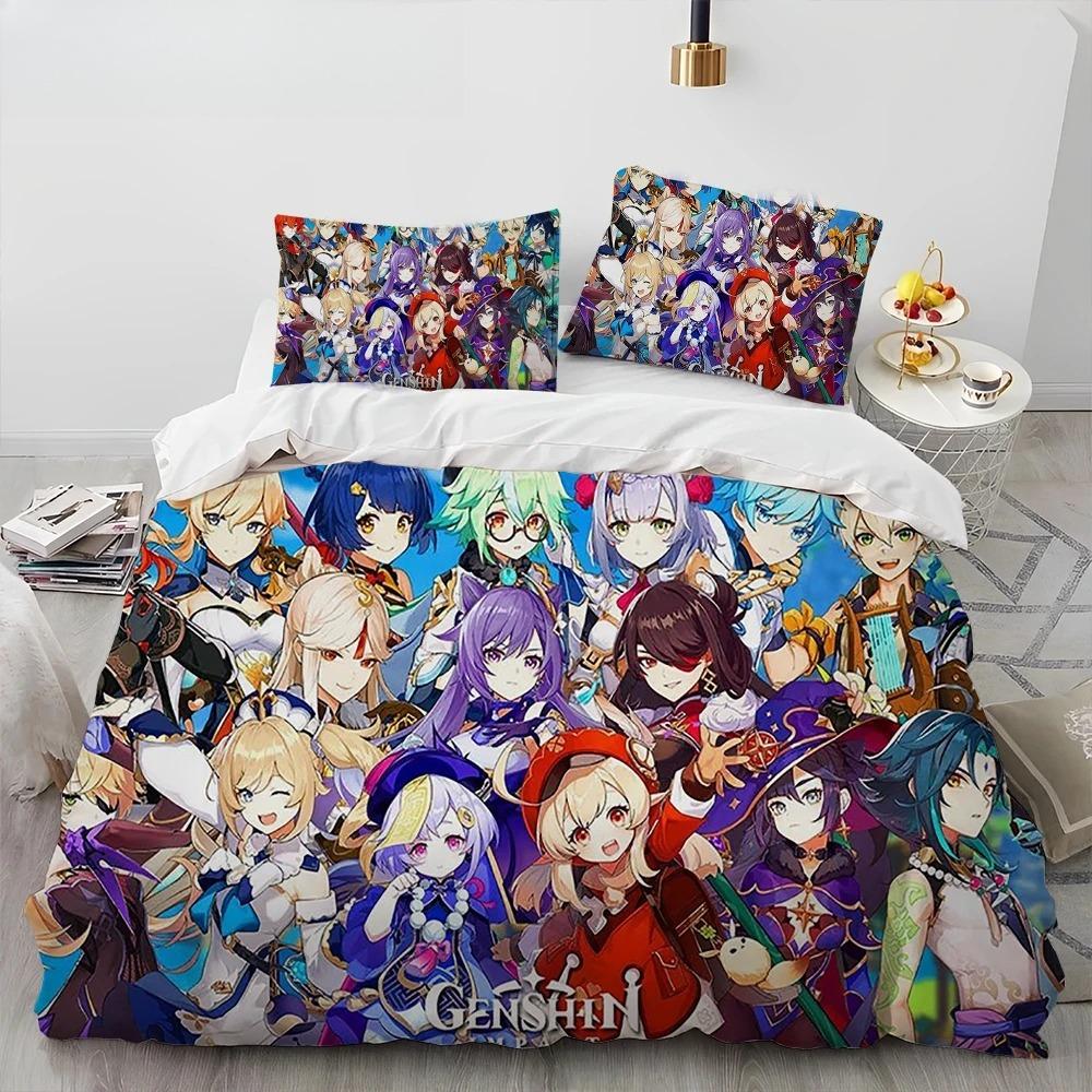 Genshin Impact Game Gamer Cartoon Comforter Bedding Set,Duvet Cover Bed Set Quilt Cover Pillowcase,king Queen Size Bedding Set