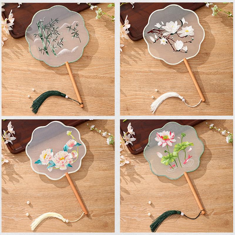 China Fan  Semi-Transparent Long Handle Tassel Dance Fan Female Costume Hanfu Cheongsam Embroidery Small Round Fan