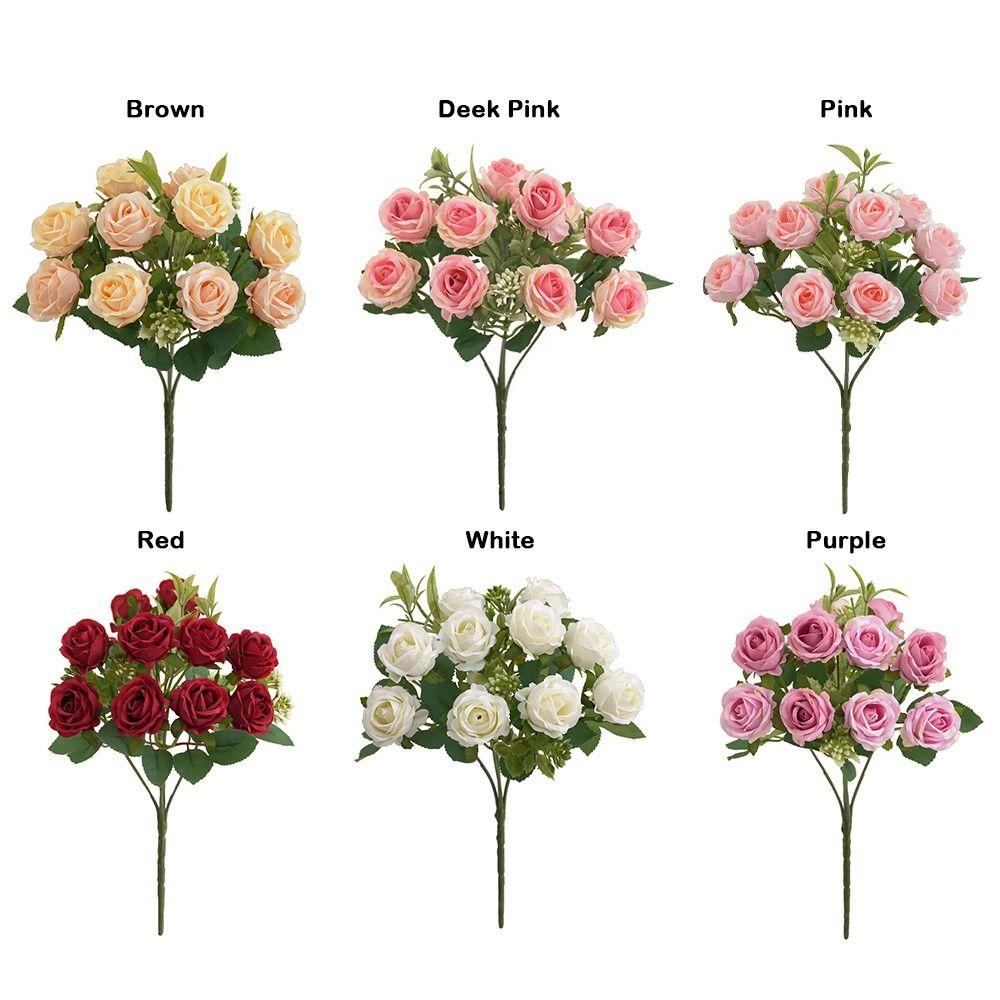 10 Heads Rose Artifcial Flower Green Leaves Multicolor Faux Flower Rose Photo Props Desktop Ornament Simulation Rose Flower