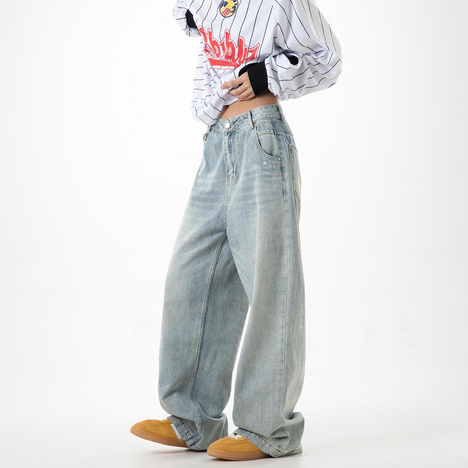 

Американские уличные универсальные джинсы Daddy для мужчин и женщин, ретро-брюки с драпировкой, прямые свободные повседневные брюки с широкими штанинами S синий