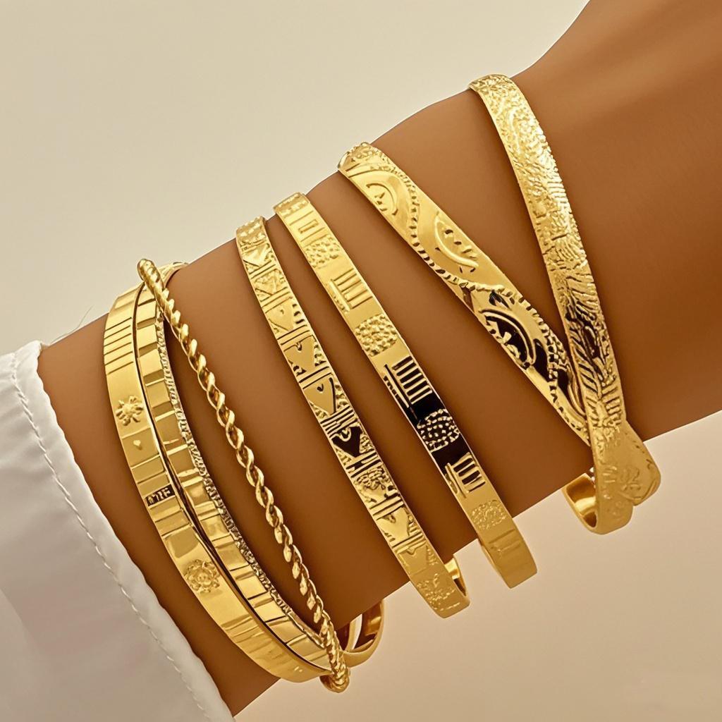 

3 Styles Fashion Gold Color Minimalist Geometric Smooth Bangles Set Elegant Retro Design Metal Bracelets For Women Party Jewelry