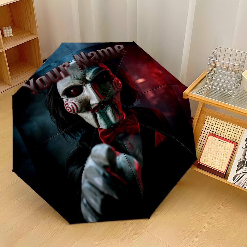 Custom Text Automatic 8 Bone Umbrella, Portable Sun Rain Protection UmbrellaSaw Billy the Puppet