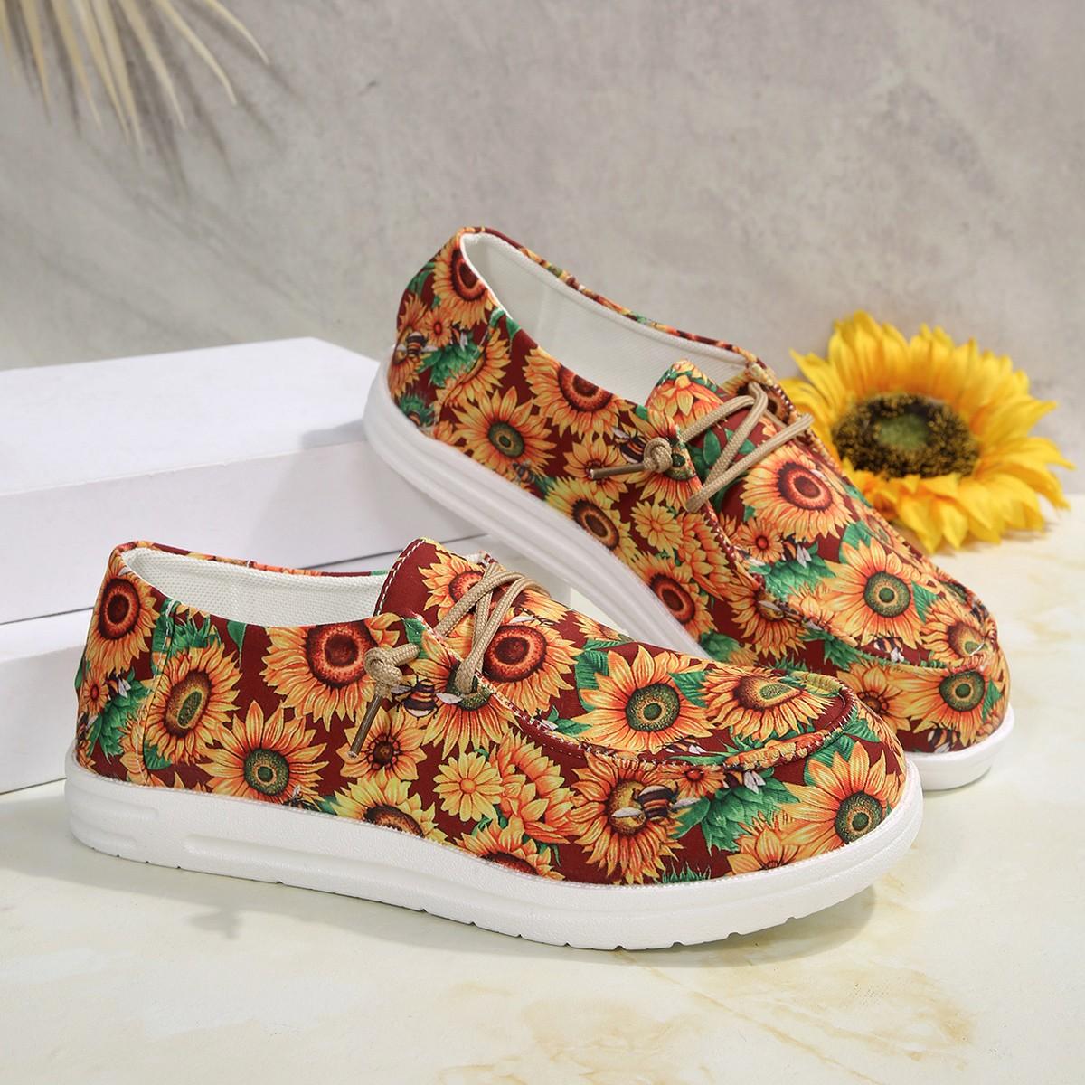 

Мода 2025 Женские кроссовки Легкие парусиновые туфли с цветочным принтом Удобные для ходьбы плоские кроссовки Женские слипоны с круглым носком Повседневная обувь Женская 39