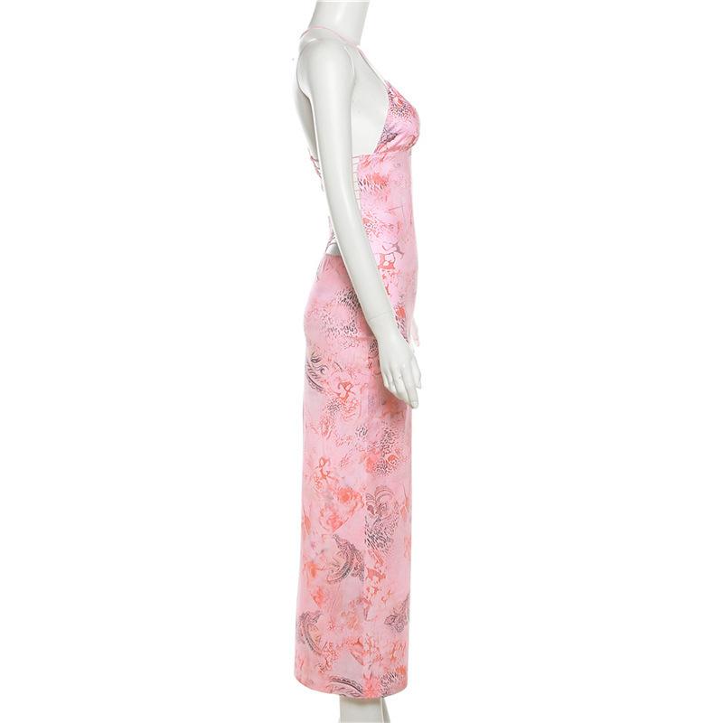 Sommermode-Trend Damen Neues hängendes Hals-Open-Back-Slim-Fit-gedrucktes, gewickeltes Hüftkleid Mode-Partykleid
