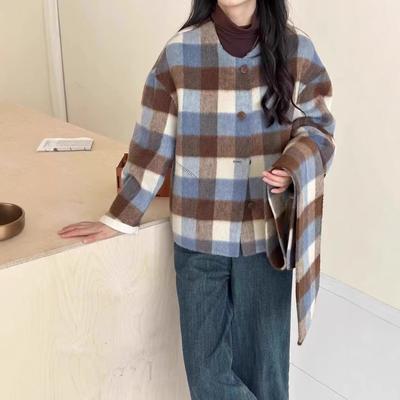Autumn and Winter Sweet and Cute Plaid Double-sided Wool Coat with Scarf Casual and Versatile Wool Coat for Small Women