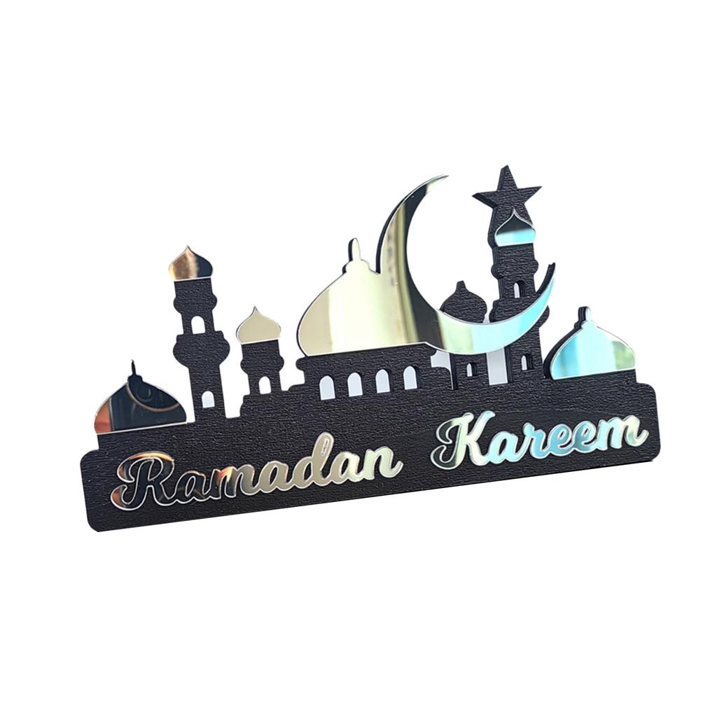 Customizable Ramadans Table Sign Acrylic Gold Silver Hollowed Castles Pattern Islamic Home for Holiday Gifting