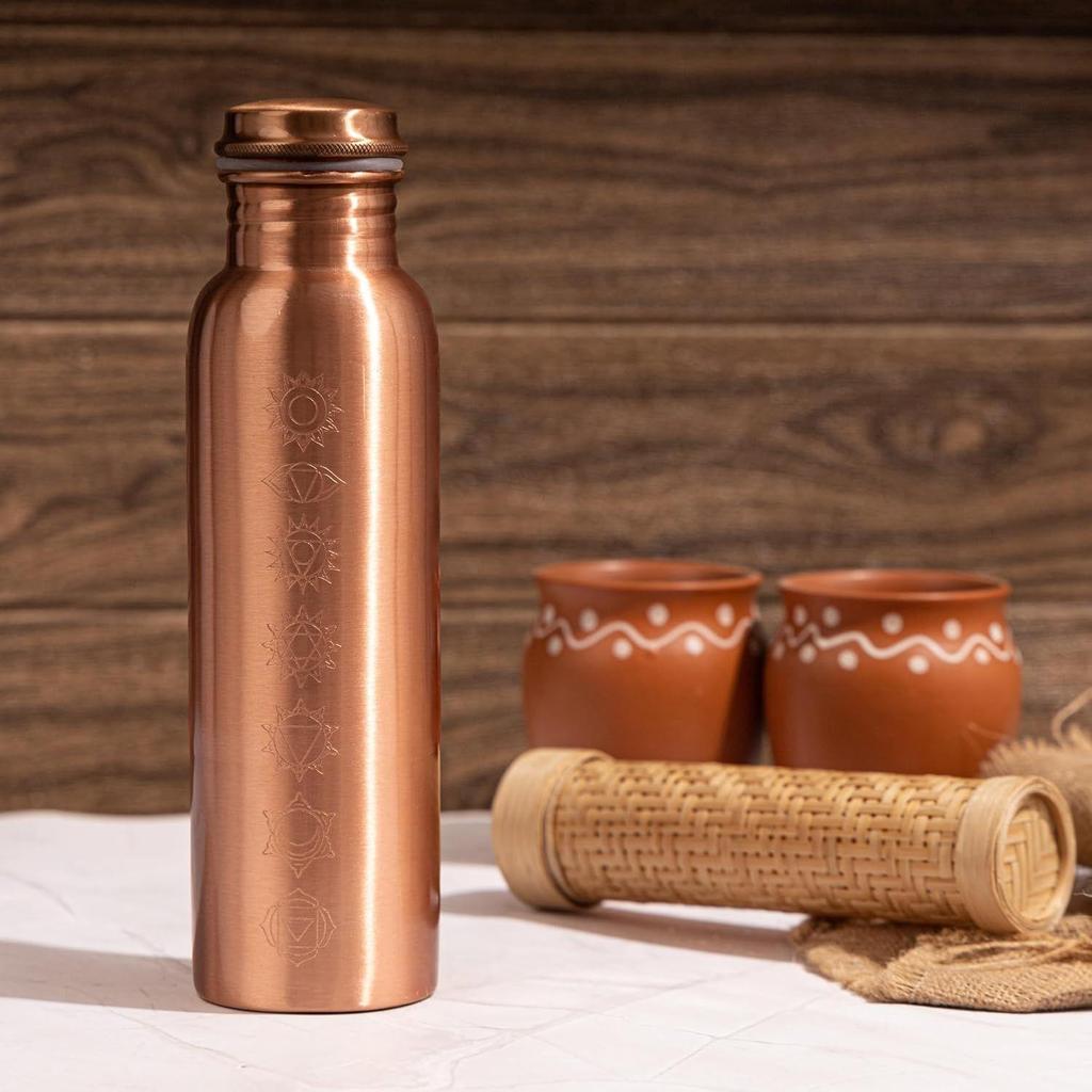 Pure 7 Chakra Plain Copper Bottle Gold Finish | Engraved | 100% Pure Copper | Leakproof