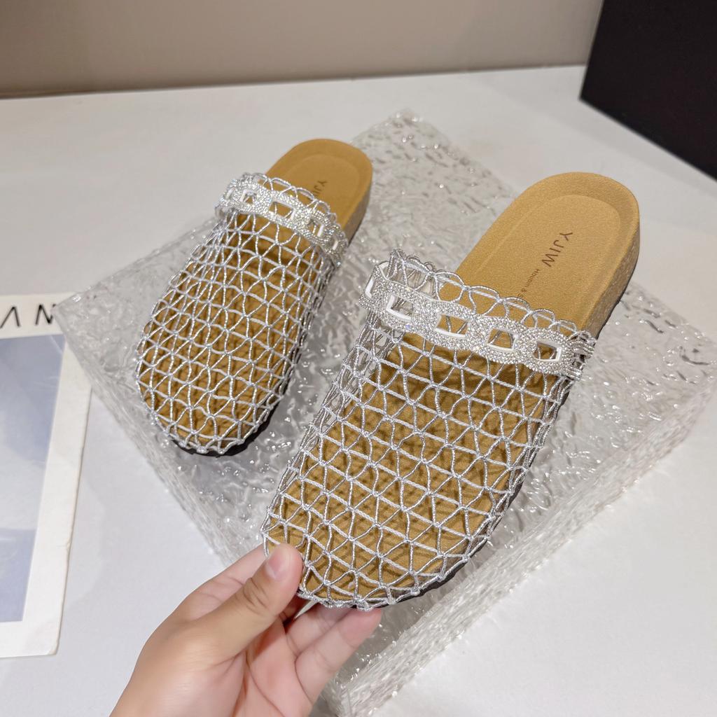 Summer New Fisherman Flat Bottom Round Head Baotou Half Slippers European and American Niche Fishing Net Woven Hollow Roman Cool Slippers