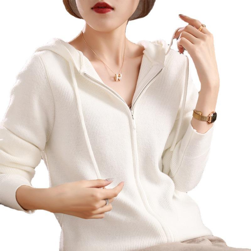 Zipper Knitted Cardigan Autumn and Winter Casual Simple and Fashionable Hooded Women's Jacket