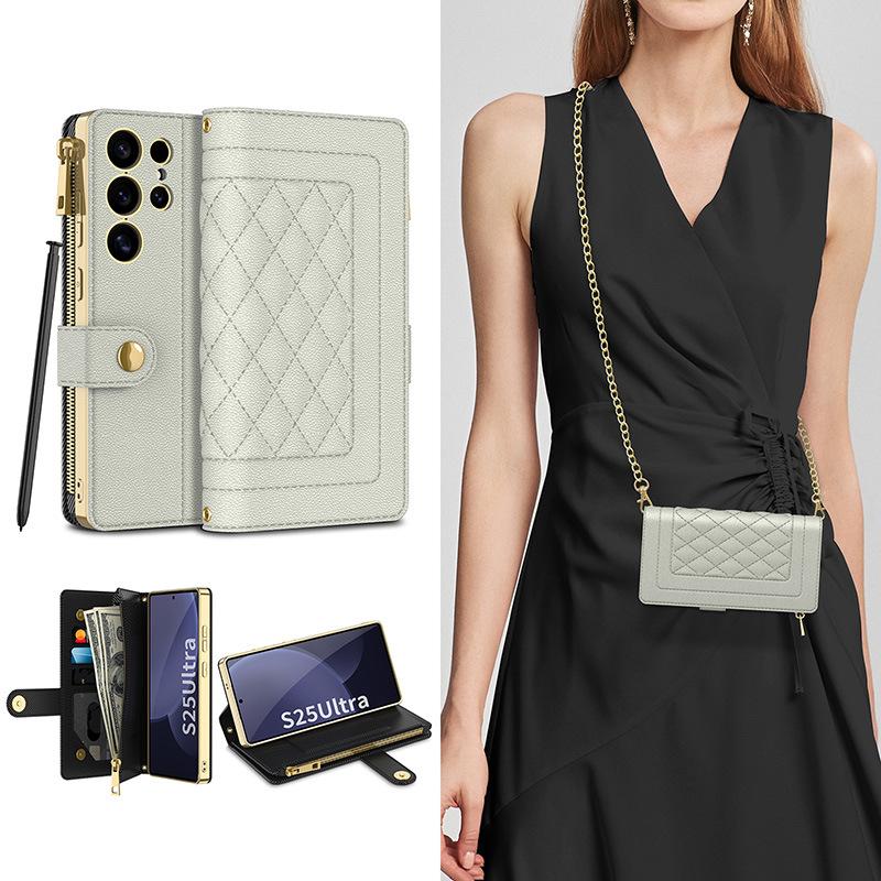 

Suitable for Samsung S25 Ultra Protective Cover Flip Flop Fashionable Leather Case Chain Lanyard Card Backpack Small Fragrance Style Women s Style SM-S25Ultra