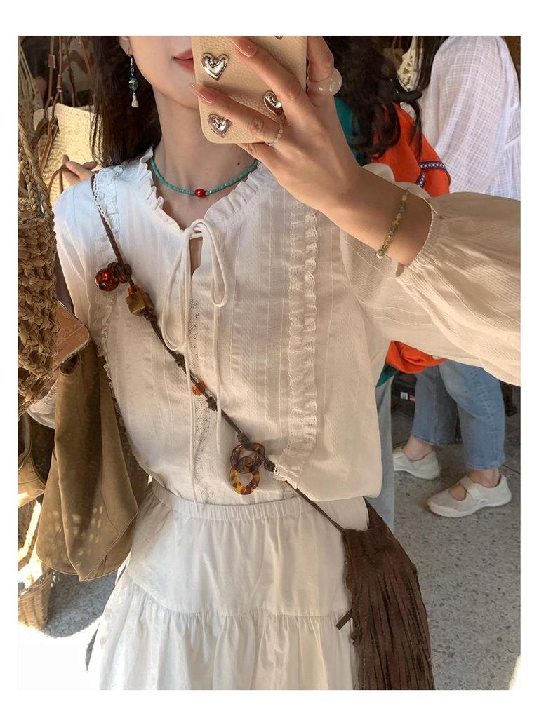 Petite Chic French Lace-up Collar Shirt for Women – White Blouse for Spring/Autumn