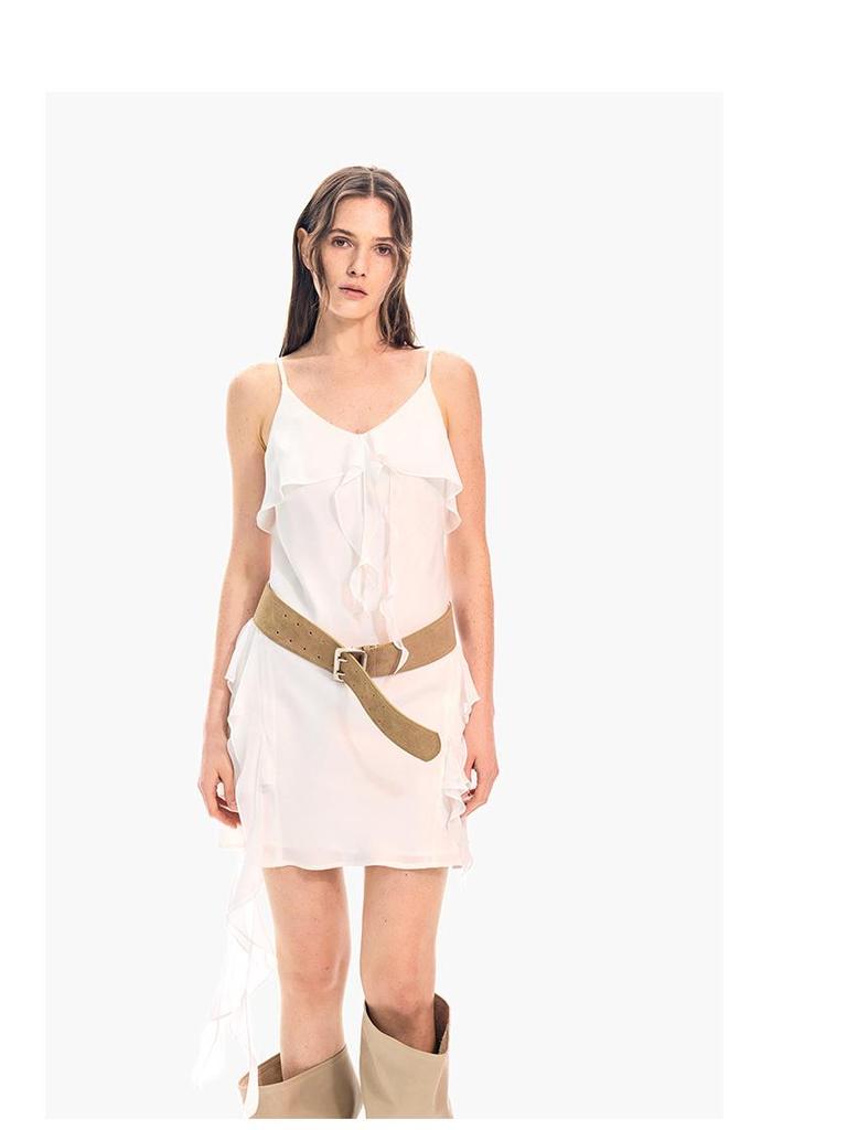 Korean Style Irregular Ribbon Layered V-Neck White Camisole Dress