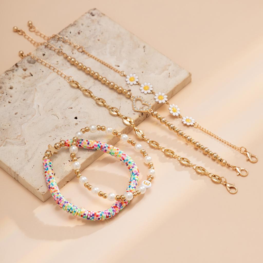 5Pcs/Set Kpop Sunflower Ball Polymer Clay Chain Bracelets for Women 2026 Trending Rhinestone Love Heart Bangles Couple Jewelry
