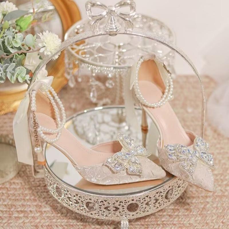 Fashion Autumn New Coarse Heel Single Shoes Women's Pointed Head Shallow Mouth Butterfly Knot Bead Non-slip Low Top Shoes