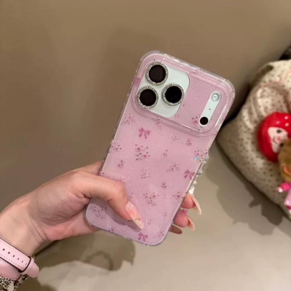 Korean Style Premium Glitter Floral Case for iPhone 17 Pro Max iPhone 16 Pro Max Full Screen Sparkle Design