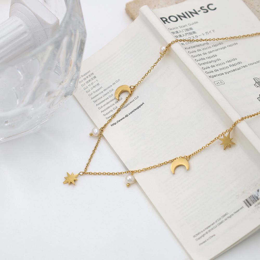 Personalized Light Luxury 18K Gold Star Moon Pearl Pendant Collarbone Chain Women'S Niche Titanium Steel Non-Fading Jewelry Necklace
