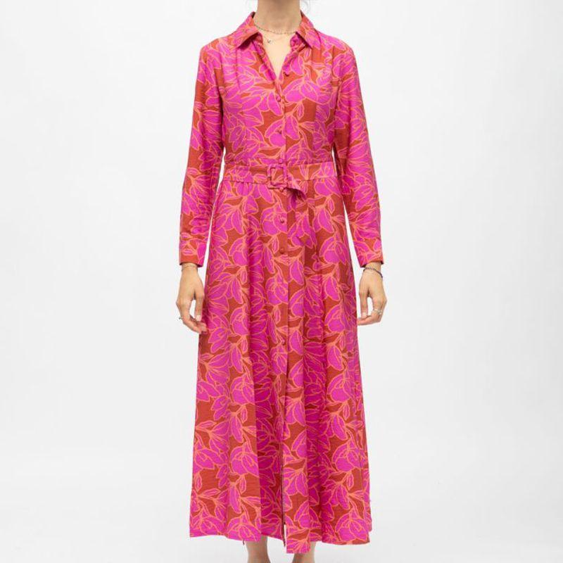 Long Brown Shirt Dress with Pink Flowers with Roman Belt Woman LA PETITE ETOILE