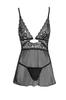 Black Nightie In Lace and Transparent Mesh with String R2741334
