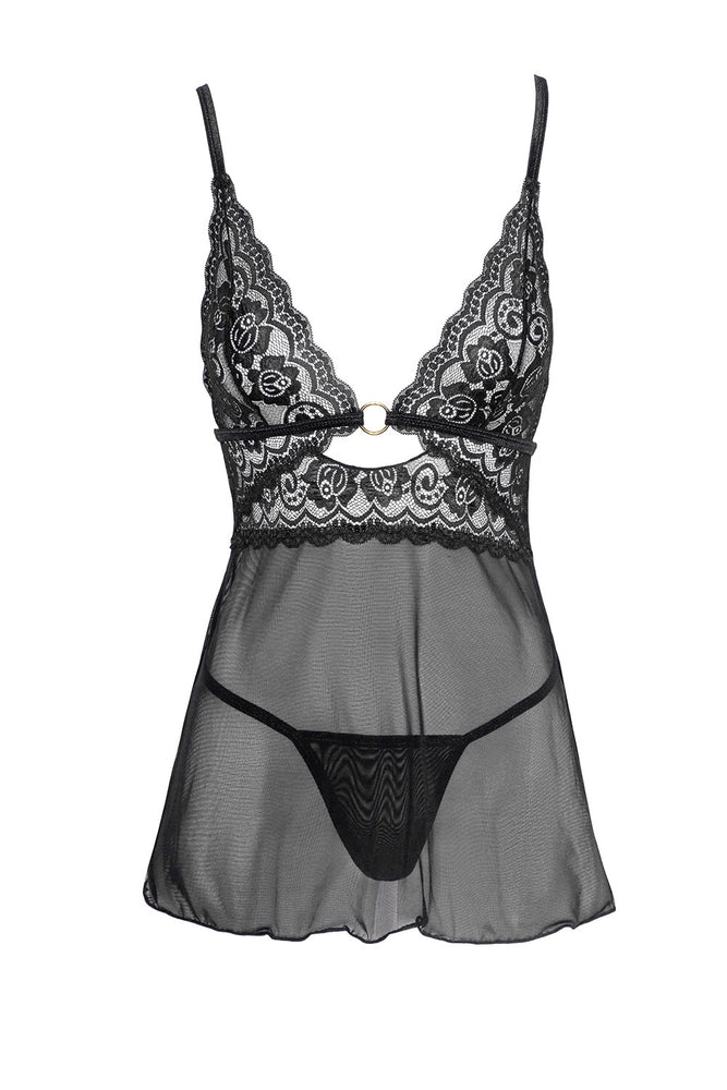 Nuisette Noire En Dentelle Et Résille Transparente Avec String R2741334