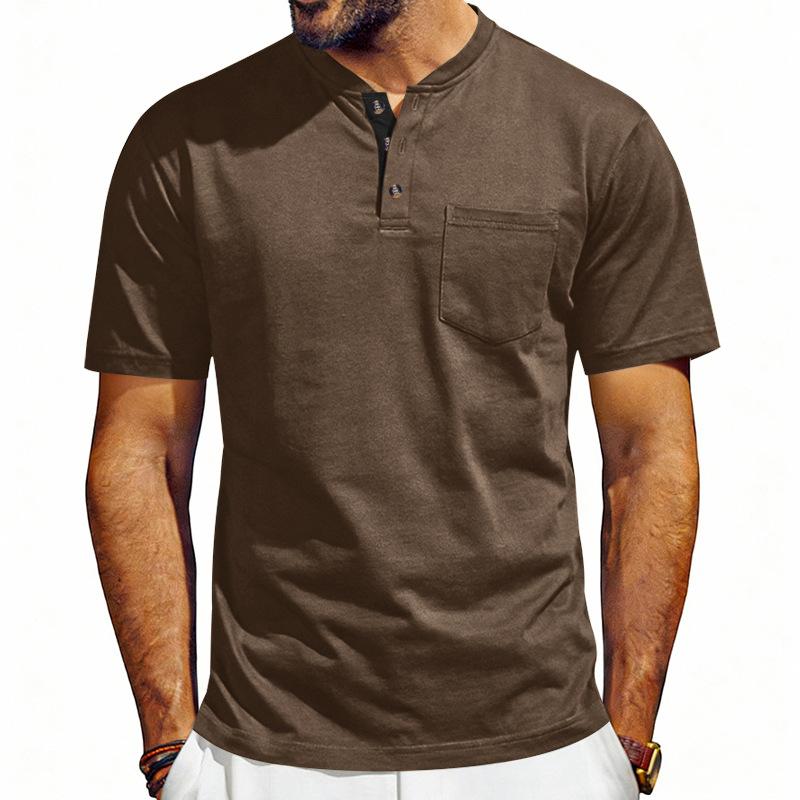 

Men s Henley Neck Short Sleeve T-Shirt Casual Solid Color Tees Breathable Basic Tops XL коричневый