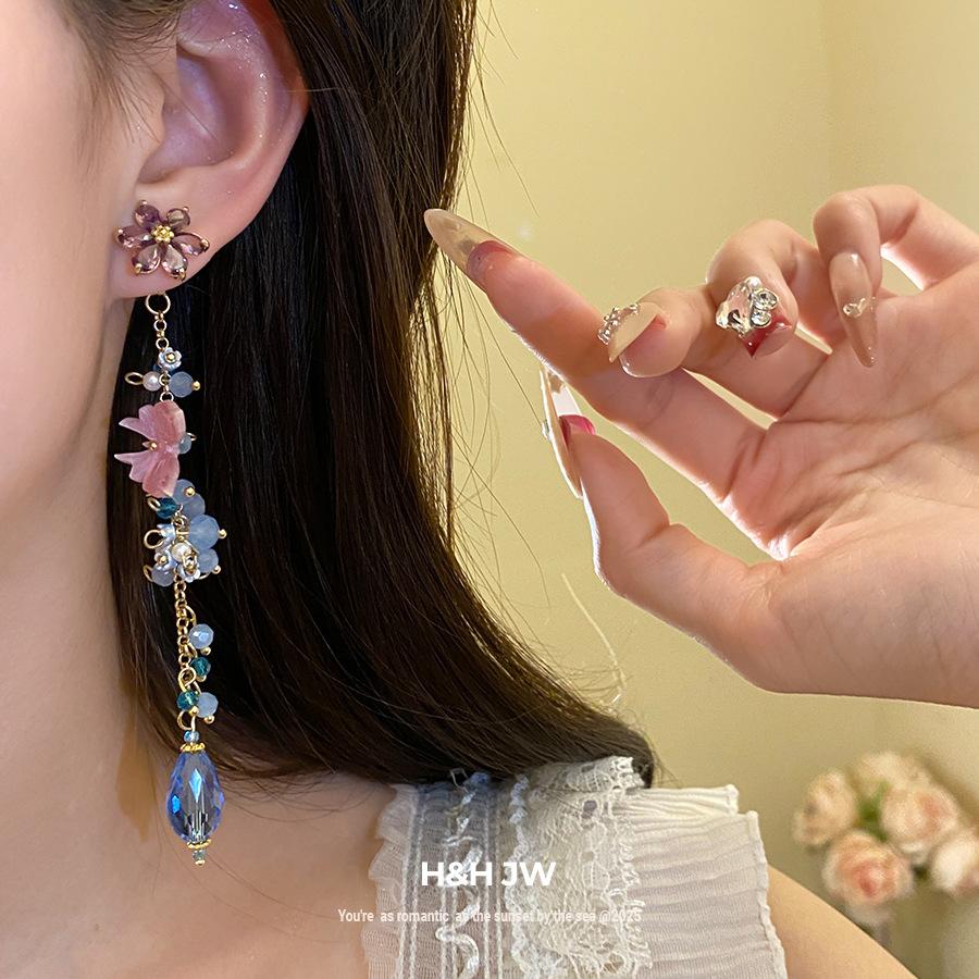 Zircon Freshwater Pearl Flower Tassel Earrings for Women, Luxury Sweet Fresh Elegant Ear Jewelry