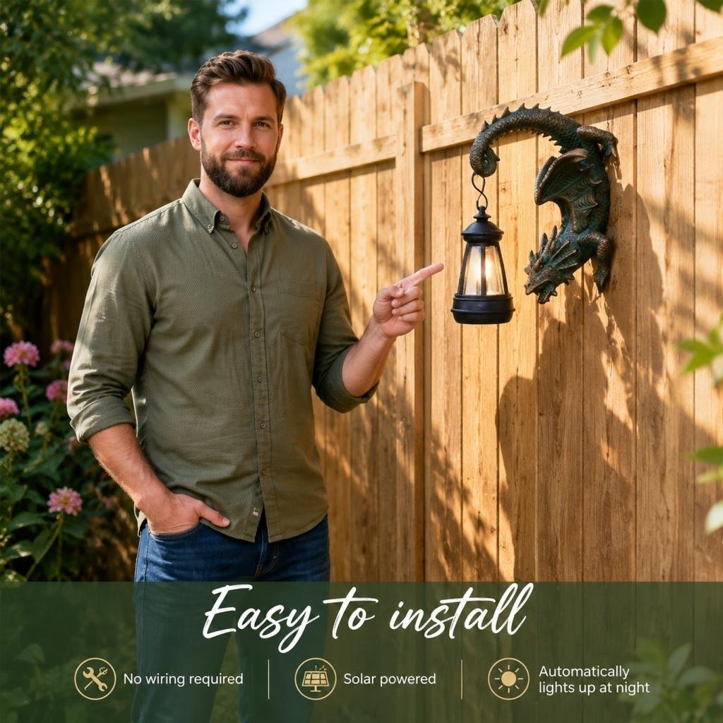 Solar Powered Dragon Wall Lantern Resin Sculpture Outdoor Garden Decorative Lighting Fixture for Patio Porch Yard Home Office