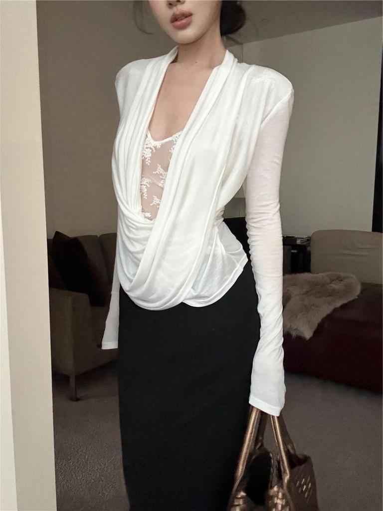 Women's White Lace Patchwork Two-Piece Cowl Neck Long Sleeve T-Shirt