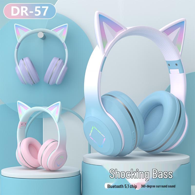 DR57 Luminous Cat Ear Wireless Bluetooth Headset - Long Battery, Gradient Color, Over-Ear Design