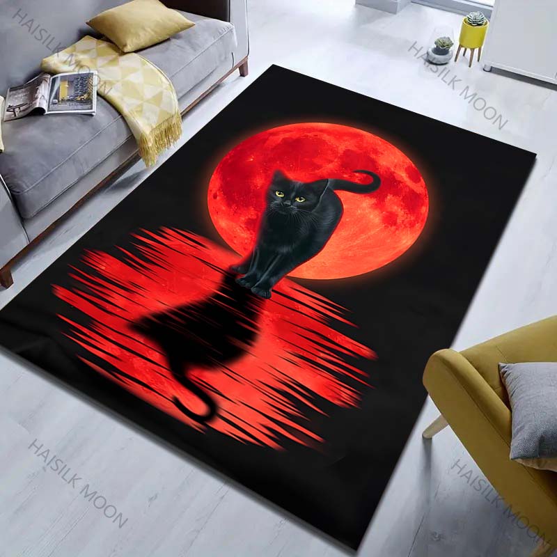 Multiple sizes Black cat red moon reflection Carpet for Living Room Bedroom Sofa Home Decor Rus Non-slip Floor Mat Luxury Gift