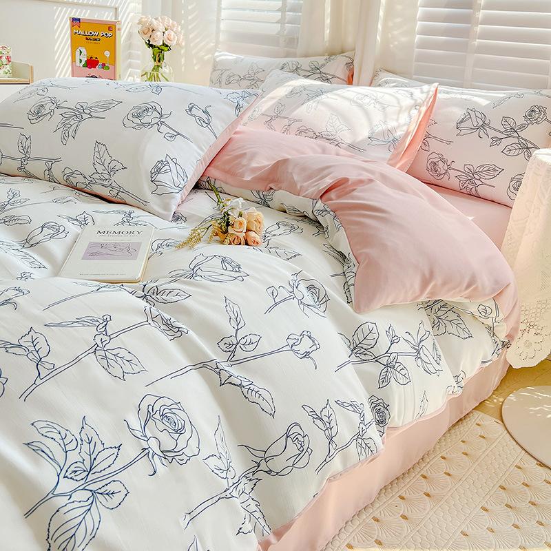 Washed Cotton 4Pcs Set, Double-Layer Yarn Quilt Cover, Dormitory Bed Sheet Three-Piece Set, Household Bedding