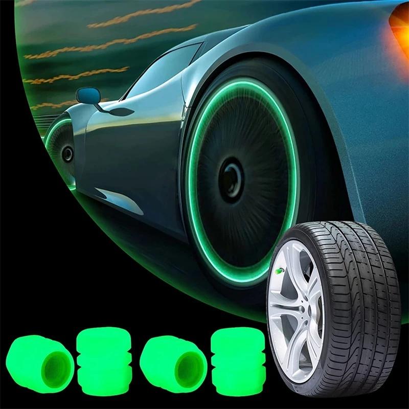Glowing Car Motorcycle Bicycle Valve Caps - 4-Piece Fluorescent Stem Core Protectors Universal Auto Accessories Valve Stems 1