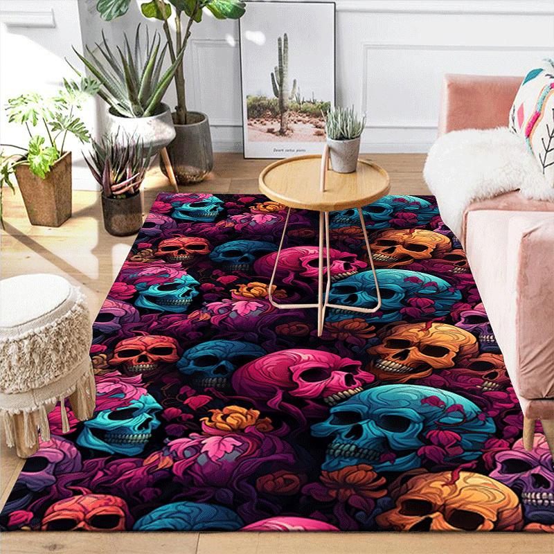 1pc Flowers and skulls Design Area Rug - Soft, Anti-Slip, and Durable Gaming Room Decor for Bedroom