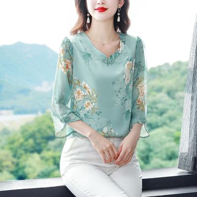 Women's Mint Green Floral Print Chiffon Blouse Half Sleeve Chinese Style V-Neck Casual Top