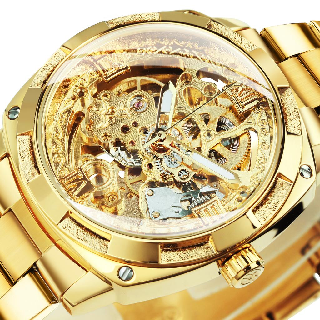 Forsining Square Gold Skeleton Automatic Men Watch Engraved Movement Luminous Hands Mechanical Watches Luxury Stainless Steel