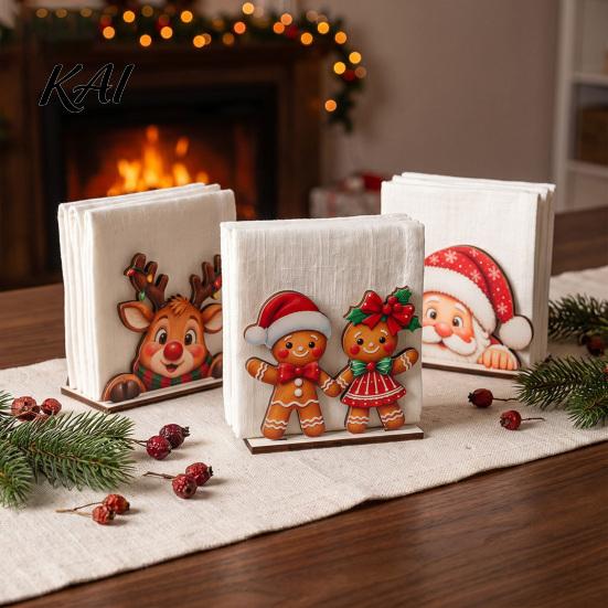 Decorative Paper Holder Wooden Christmas Napkin Holder, Cute Gingerbread Elk Santa Standing Tissue Dispenser, Stable Rack Farmhouse Cocktail Serviette