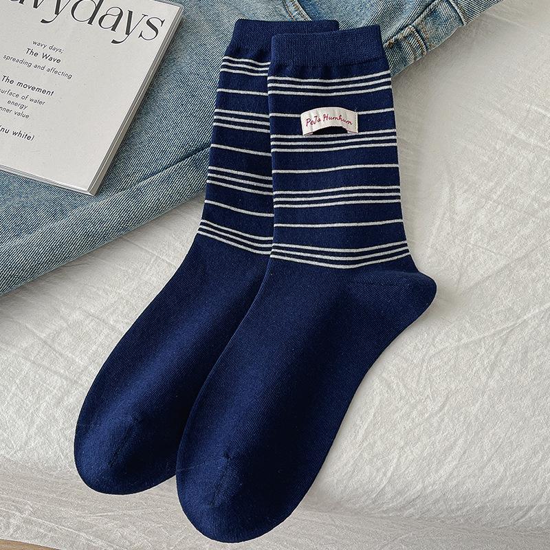 

Women s College-Style Striped Mid-Calf Socks - Autumn/Winter Trend One Size тёмно-синий