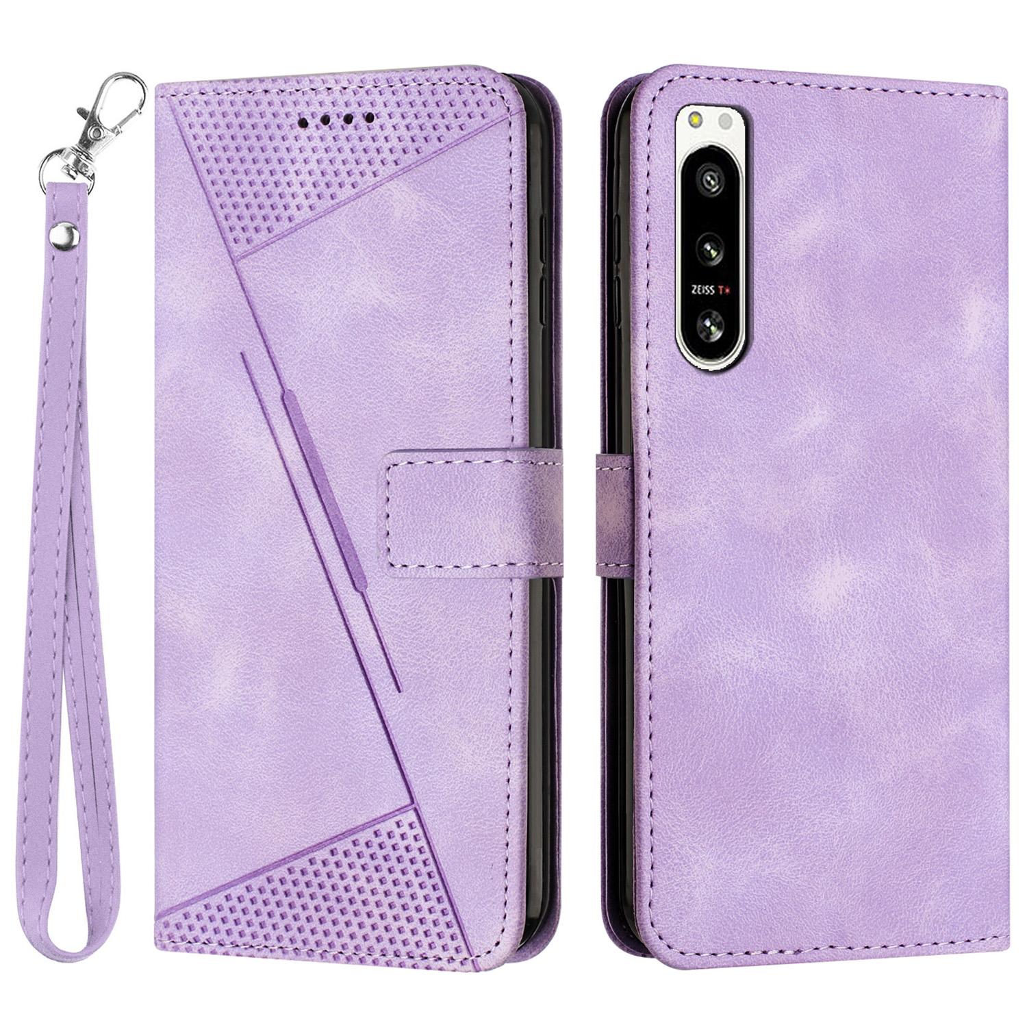 

Shockproof PU Leather Case for Sony Xperia 5 IV 5G,Triangle Imprinted Phone Cover Stand Shell Wallet Purple